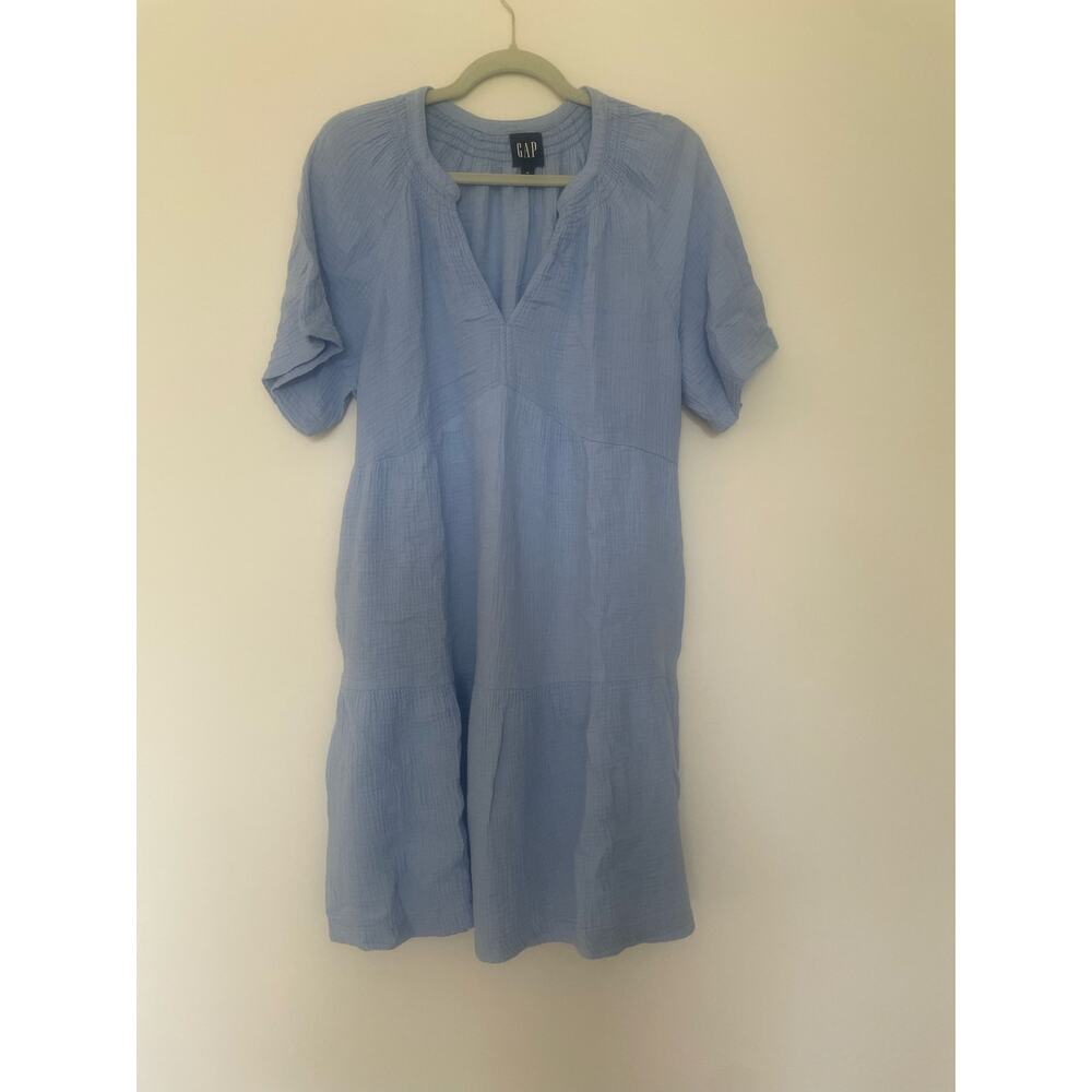 GAP Light Blue Crinkle Gauze Tiered Mini Dress with Pockets - Size M